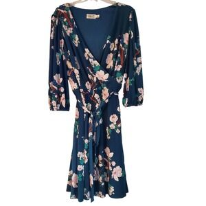 Eliza J Dress Womens 18W Blue Floral Wrap Midi Floral Bird Print 3/4 Sleeve